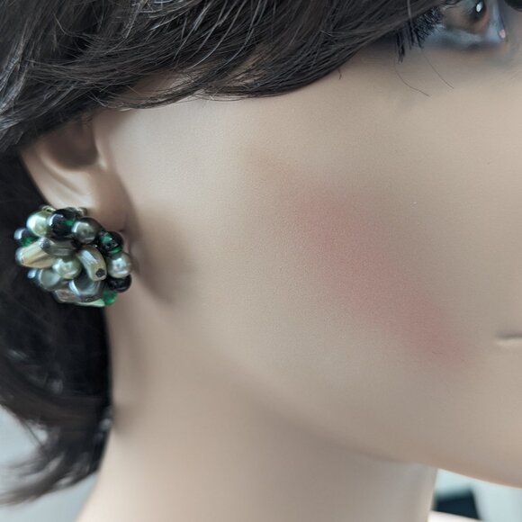 Vintage Cluster Beaded CLIP-ON Earrigns Glass Art Antique Beads Silvery Grey mix - Picture 3 of 11